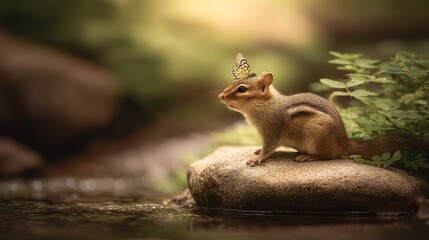   A squirrel wearing a butterfly headband perches on a nearby rock by the flowing river amidst lush green surroundings