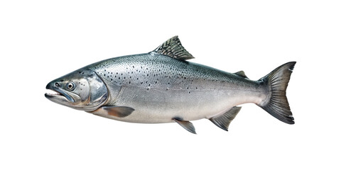 Fototapeta premium Closeup view of a fresh whole Chinook salmon fish isolated on transparent background showing detailed scales and fins