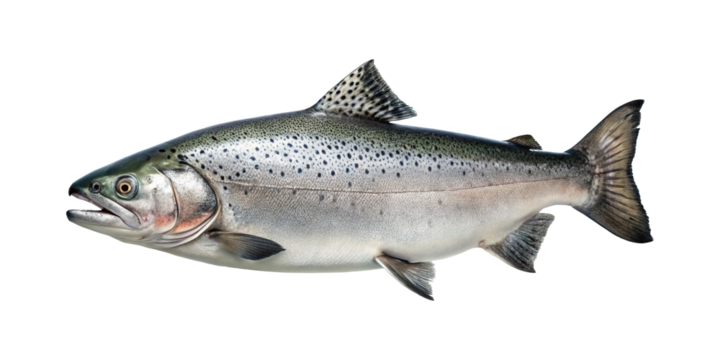A Detailed Closeup of a Single Fresh Silver Salmon Fish Isolated on White Background