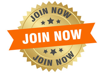 Obraz premium join now. join now round orange and gold label isolated on transparent background
