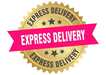 express delivery. express delivery round pink and gold label isolated on transparent background