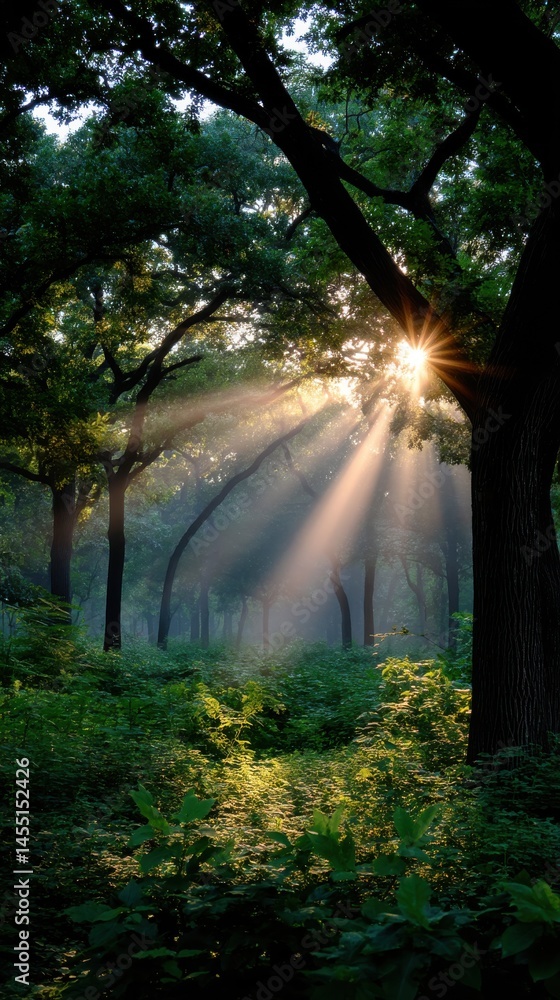 Poster sunlight streams through a lush deciduous forest with dappled light illuminating the vibrant green f