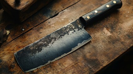 Rustic cleaver knife on wooden surface with weathered texture and wooden handle