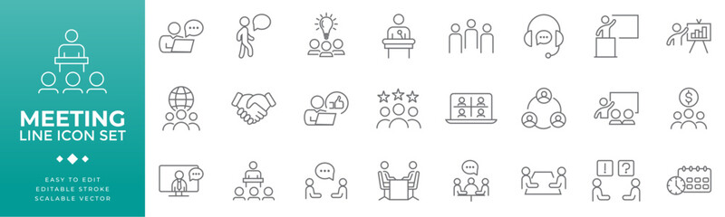 Business meeting and teamwork clean vector illustration icons set including brainstorming, video call, discussion, schedule, and collaboration in outlined line style for digital design use