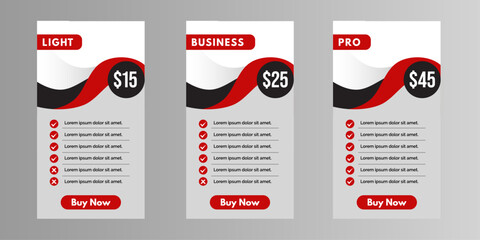 Pricing table template design for subscription plans with orange gradient theme, includes light, business, and pro package cards with feature checklists, call to action, and monthly pricing