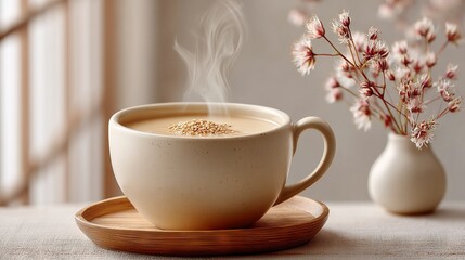   A cup of coffee with steaming steam on a saucer beside a pink vase