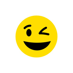 Playful yellow vector illustration of a winking smiley face emoji with a wide grin and expressive features, ideal for humorous icons, social media elements, and digital messaging graphics.
