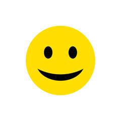 Bright yellow vector illustration of a classic smiley face emoji with round black eyes and a curved black smile, perfect for cheerful icons, social media graphics, and UI expressions.