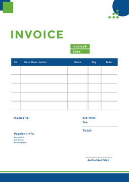 Business invoice template with green and blue accent colors, clean layout, editable table for pricing and quantities, document format for billing, finance, and payment statement use.