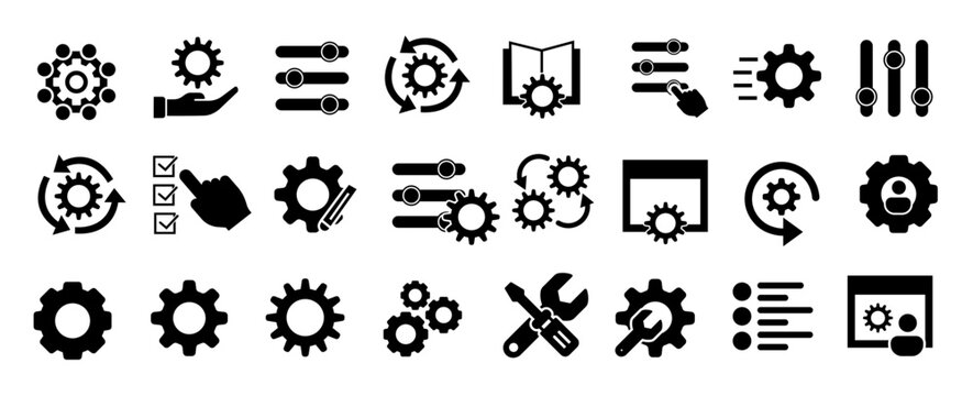 Collection of black glyph-style vector icons representing settings, configuration, customization, process management, user preferences, and system tools design