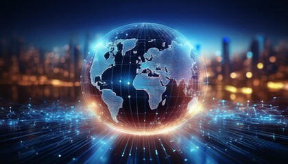 glowing digital globe with illuminated city lights and bokeh background global network concept