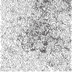 A densely patterned portrait reveals a human face created from numerous dark and light dots.