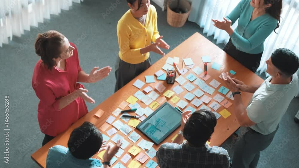 Poster professional business team shaking hand or making agreement at meeting table with tablet displayed w