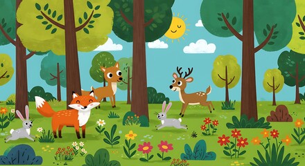 A vibrant cartoon forest scene with happy animals like foxes, rabbits, and deer playing among trees and flowers, sunny sky, playful and colorful composition