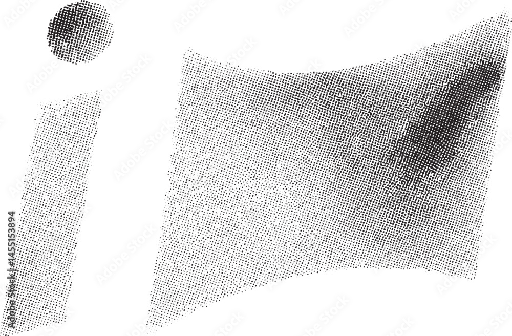 Poster a textured sphere overlaps a fragmented pillow shape on a white background.