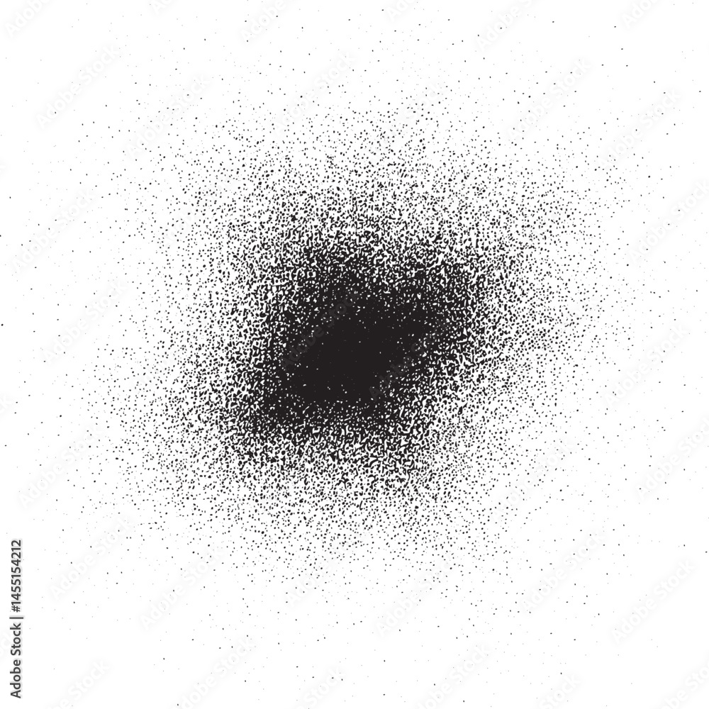 Poster a dense array of small dark dots radiates outward from a central black void on a bright white backgr