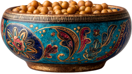 Ornate Bowl Filled with Golden Seeds Decorative Container Detailed Closeup