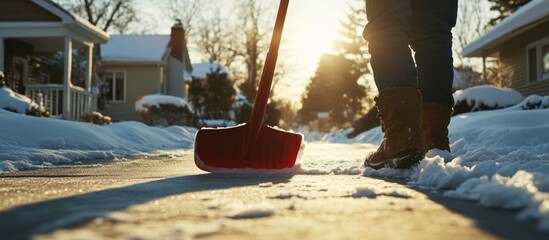 Winter Snow Removal: A Person Shoveling Snow on a Sunny Winter Day