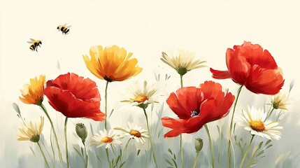 Fototapeta premium Red, yellow, and white flowers surround a central bee on a white canvas