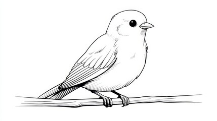 Black and white line drawing of a bird perched on a branch