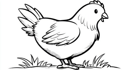 Cartoon chicken outline with grass in simple black and white style