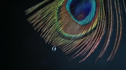 Obraz premium Close-up view of a vibrant peacock feather with a water droplet.