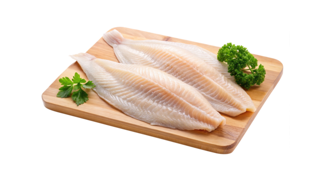 Two Fresh Raw Tilapia Fillets on a Wooden Cutting Board with Parsley Garnish