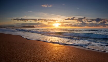 Obraz premium serene coastal panorama a breathtaking dawn unveiling the ocean s majestic waves rolling onto a sandy shore