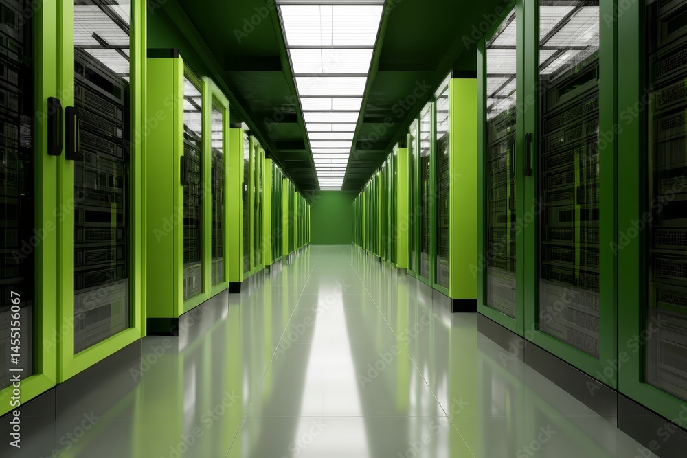 Poster modern green data center with endless aisle of server racks and reflective floor