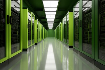 Modern green data center with endless aisle of server racks and reflective floor