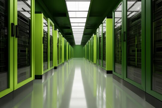 Modern green data center with endless aisle of server racks and reflective floor - Powered by Adobe