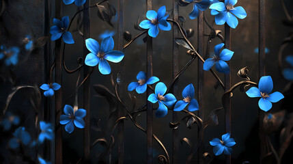 Blue flowers climbing wrought iron fence, dark background. [Gilded Mechanica] | Rust Petals | iron blossom. Illustration