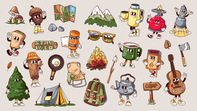 Naklejki Groovy camping cartoon characters and stickers set. Funny retro forest camp elements and happy personages. Camping, outdoor adventure mascots, cartoon collection of 70s 80s style vector illustration