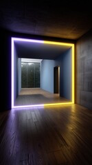 Interior with neon light frame in modern space, concrete wall and wood floor, blue walls and view of garden outside.