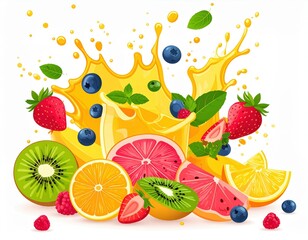 Colorful Fruit Splash with Juice and Berries