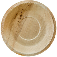 Palm leaf disposable plate isolated on transparent background. Biodegradable compostable made from naturally fallen palm leaves. 100 % natural product.