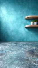 Empty interior studio with turquoise wall, two wooden shelves, and two green plants in white vases.