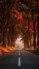 Fototapeta premium Vibrant autumn road flanked by red trees under soft golden sunlight