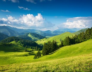 Fototapeta premium idyllic landscape of rolling green hills with forests meadows pastures sunny mountain range with blue sky clouds serene rural nature wallpaper in summertime