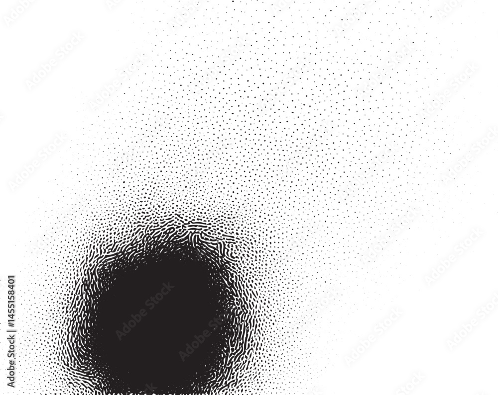 Poster a dark circular void dominates a field of small scattered dots.