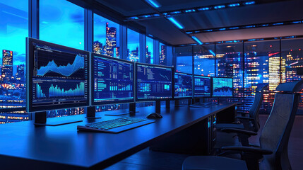 Modern office with multiple computer screens displaying data analytics in night cityscape