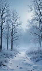 Fototapeta premium Frosty blue landscape, snowflake silhouettes against frozen trees , frost, outdoors, elegant