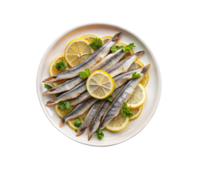 Delicious Sprats Served on a Plate with Lemon and Parsley Garnish A Top View Photo of a Culinary Delicacy