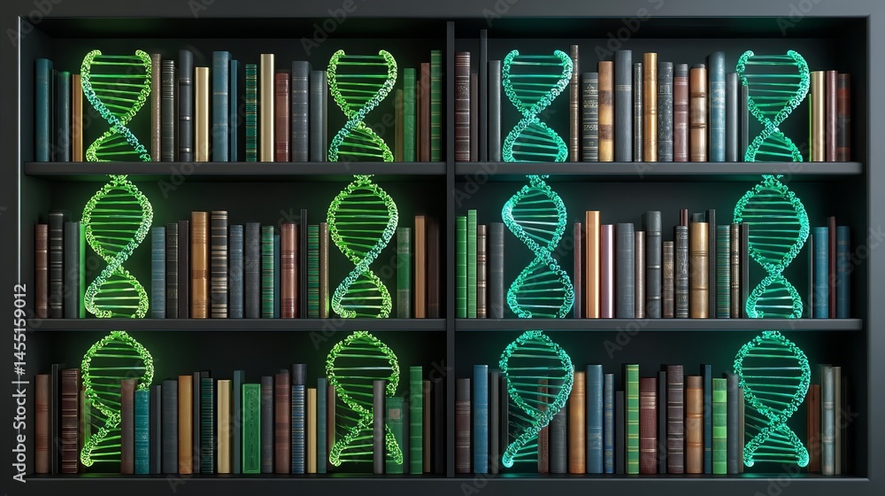 Poster bookshelf with glowing dna helix models and assorted books