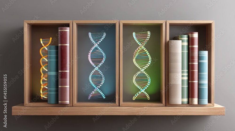 Poster illuminated dna helix display on bookshelf with wooden framing