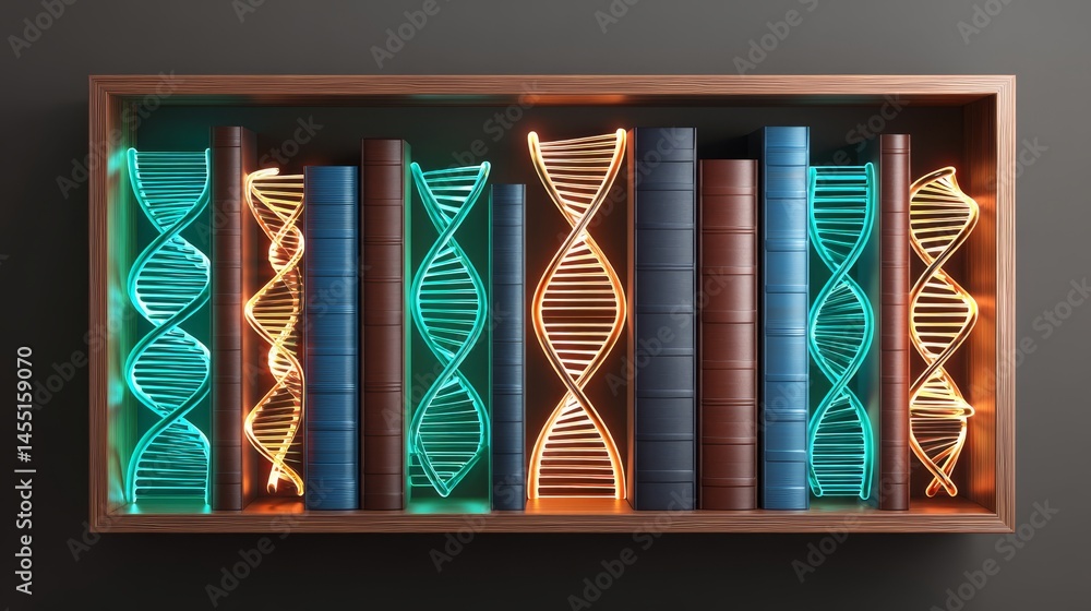 Poster illuminated dna helix patterns on bookshelf with modern genetic themes