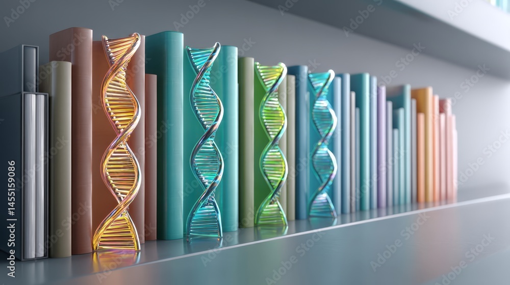 Poster colorful dna helix models on bookshelf with abstract science concept