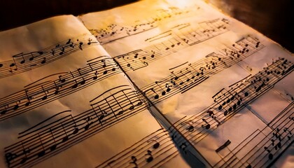 Fototapeta premium close up music sheet with musical notes sheet music background with metallic notes musical score composition musical symbols on paper melody harmony tune creative composing background elegant