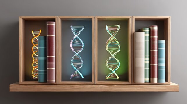 Illuminated dna helix display on bookshelf with wooden framing