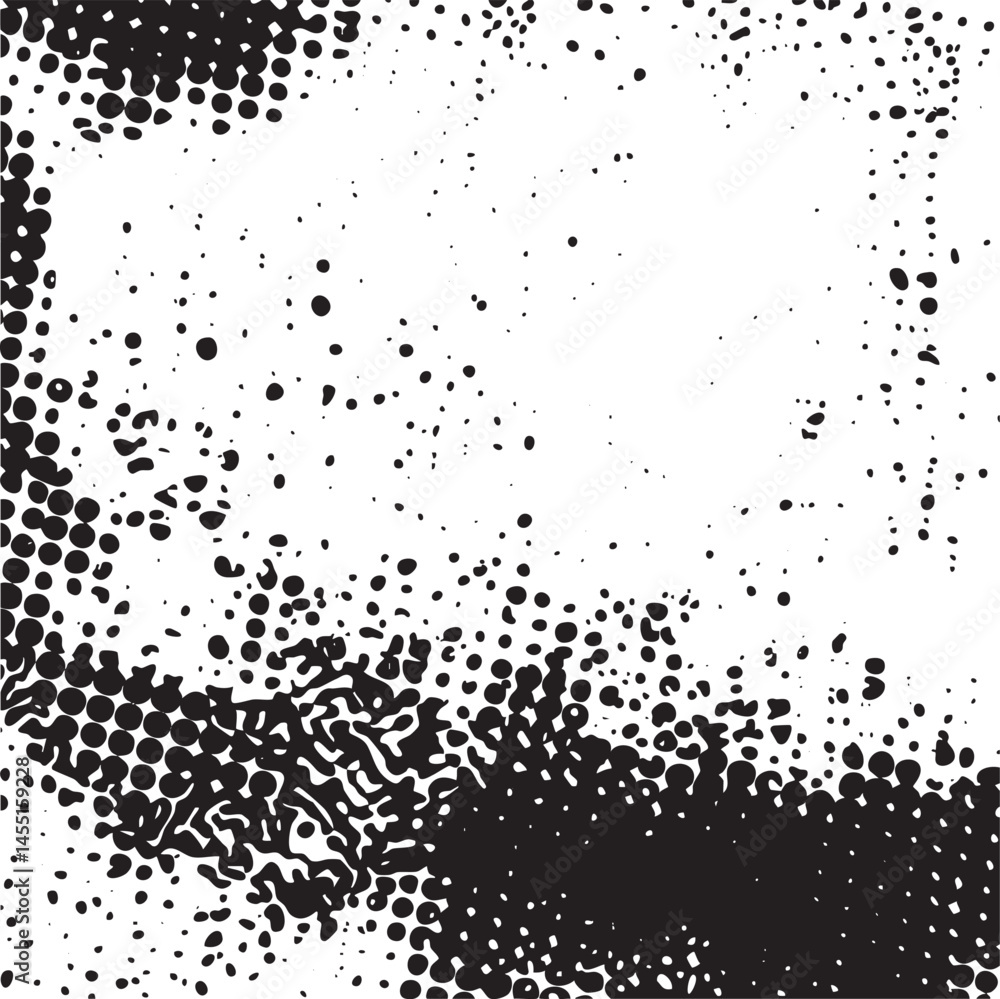 Poster a monochrome abstract of densely scattered black and white dots forms a dynamic textured composition
